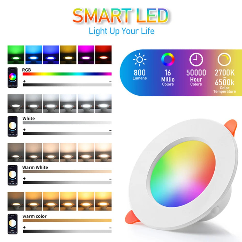 1-10PCS 10W LED Recessed Downlight Smart RGBCW Full Color Changing with Voice APP Remote Control Ceiling Spot Lamp Home Lighting Vue