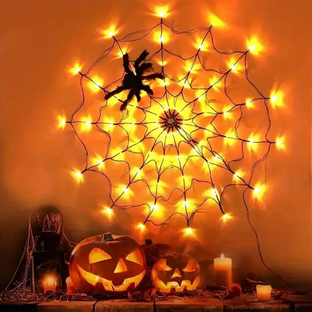 Halloween Spider Web LED String Lights with Plush Spider, USB Powered for Indoor Halloween Party, Haunted House, and Wall Decor Vue Warm White 1PC 70LED