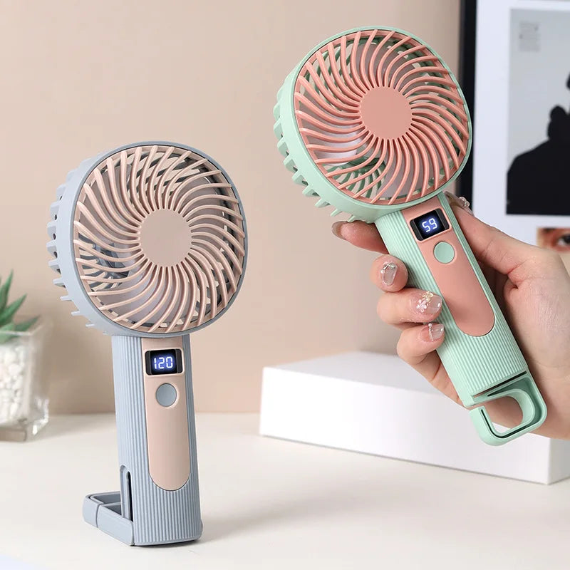 Digital Display Handheld Fan 2 in 1 Desktop Standing Mini Portable USB Rechargeable Cooling Fan for Office Travel Outdoor Vue