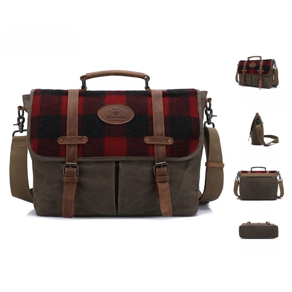 Vintage Oil Wax Canvas Men's Shoulder Boys Messenger Bag Japanese Mailman Bag Men's Commuter British Style First Layer Cowhide Vue Beige