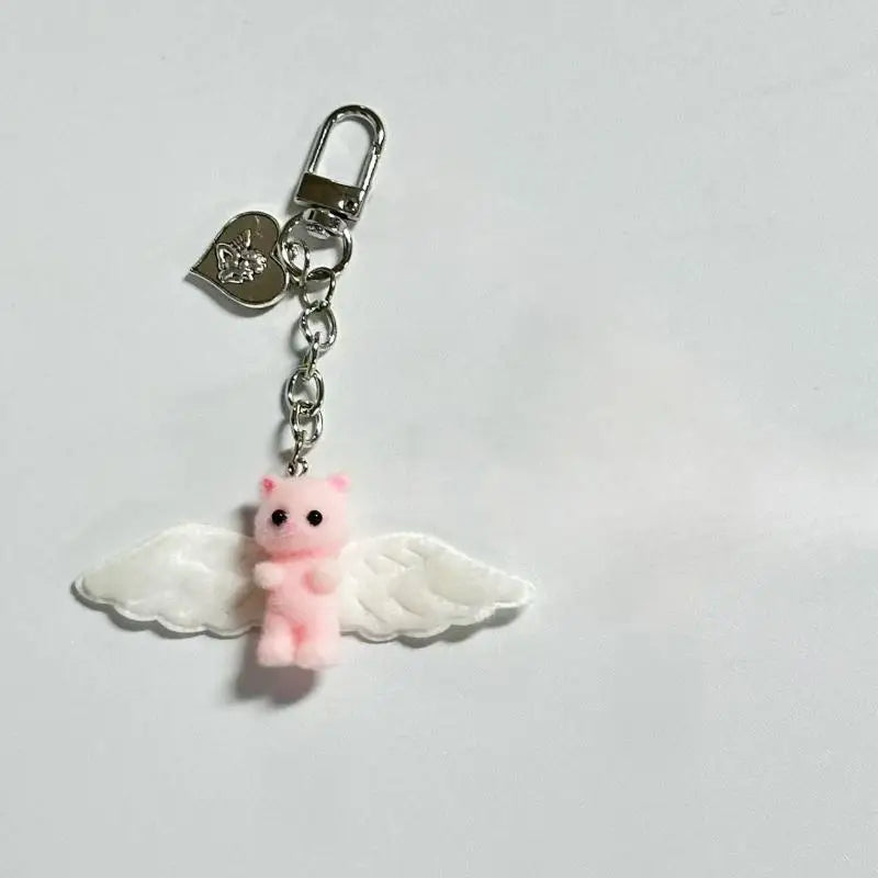 Cute Flocked Angel Wings Cat Keychain Kawaii Heart Phone Chain Anti-Lost Lanyard Bag Decor Gift Vue A3