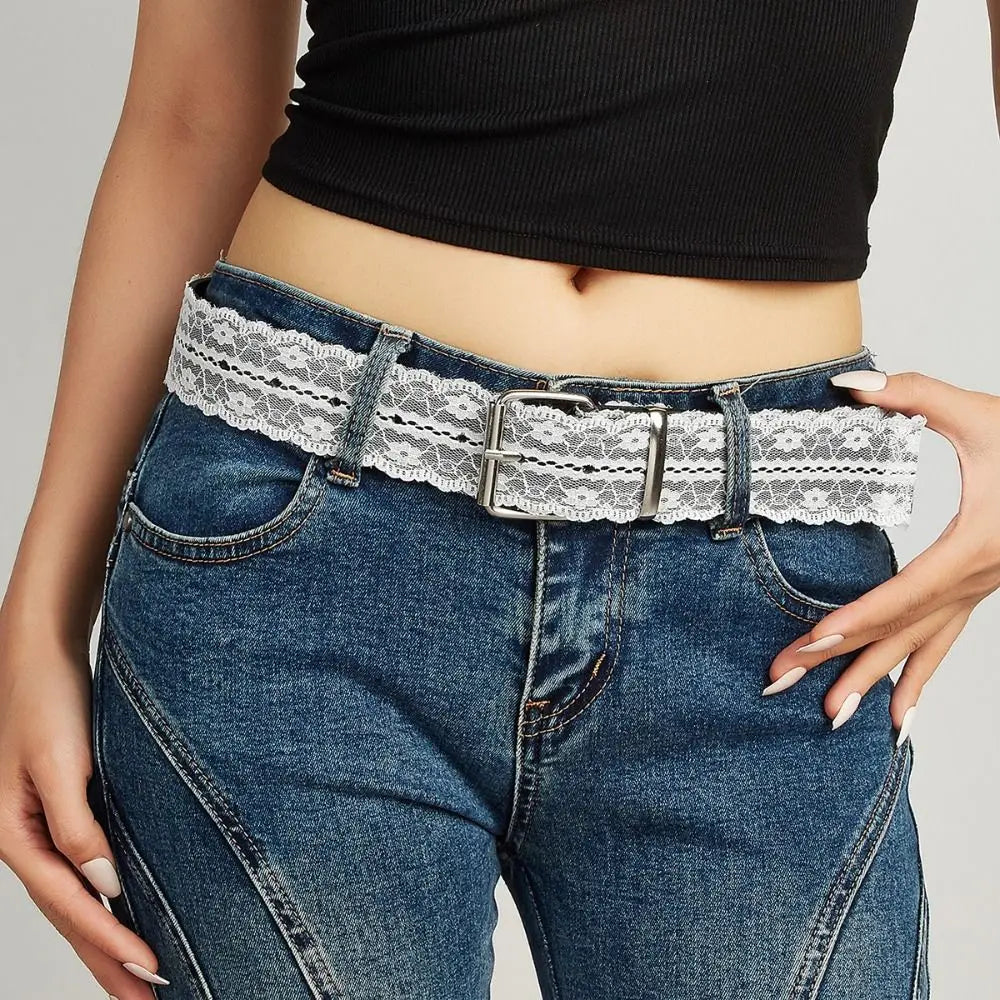 Beautiful Lace Waist Belt White Floral Leather Casual Strap Decor