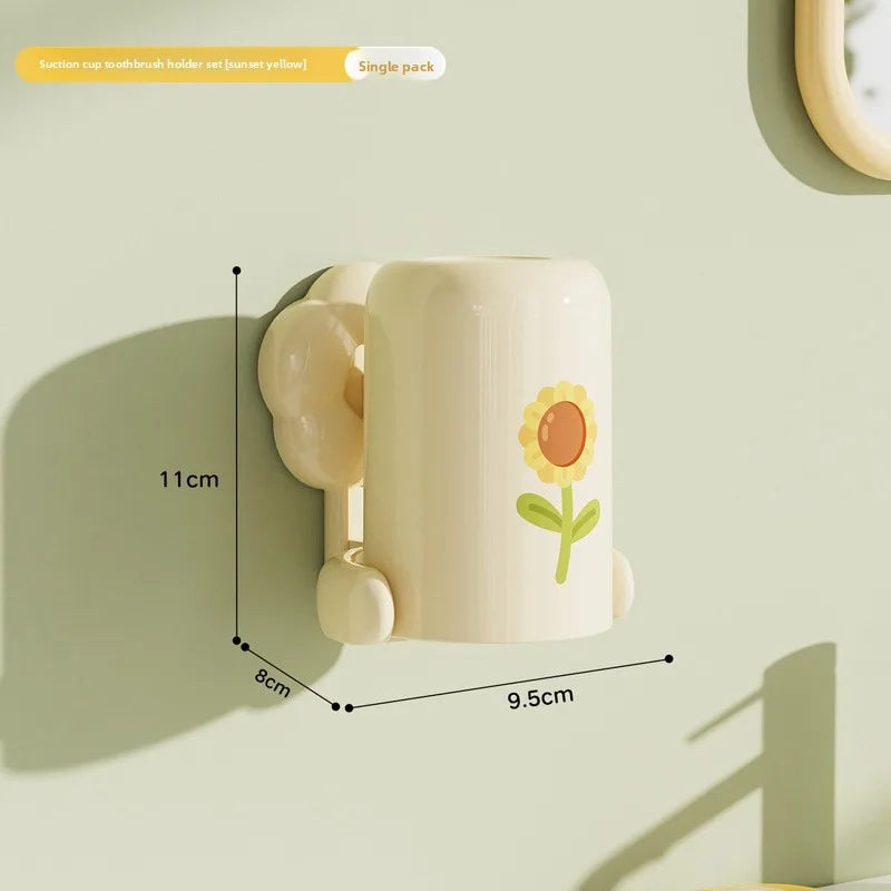 Suction cup Toothbrush Holder set, Bathroom Mouthwash cup, no Punching Toothbrush Holder Storage rack, Wash cup set Vue Yellow