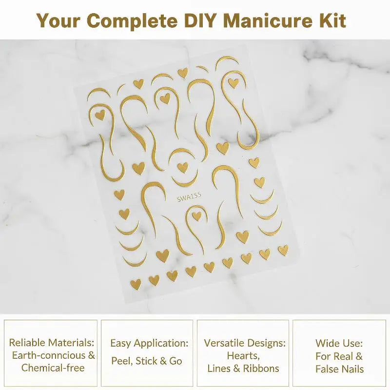 3D Gold French Lines & Love Heart Nails Stickers Luxury Heart Curve Line Ribbon French Nail Decals DIY Elegant Nail Decorations Vue