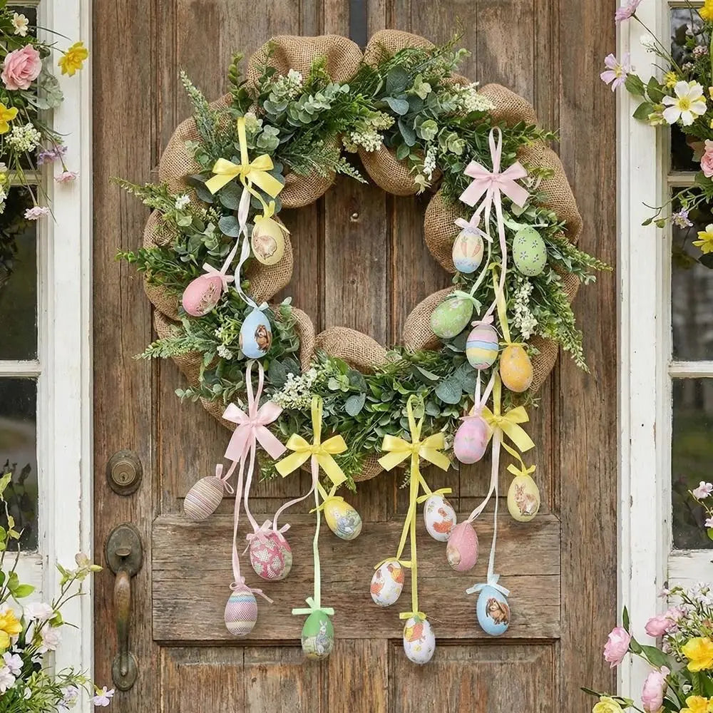 Painted Easter Eggs Hanging Pendant with Bow Rabbit Chick Flower Colorful Eggs String DIY Crafts Foam Eggs Ornaments Vue