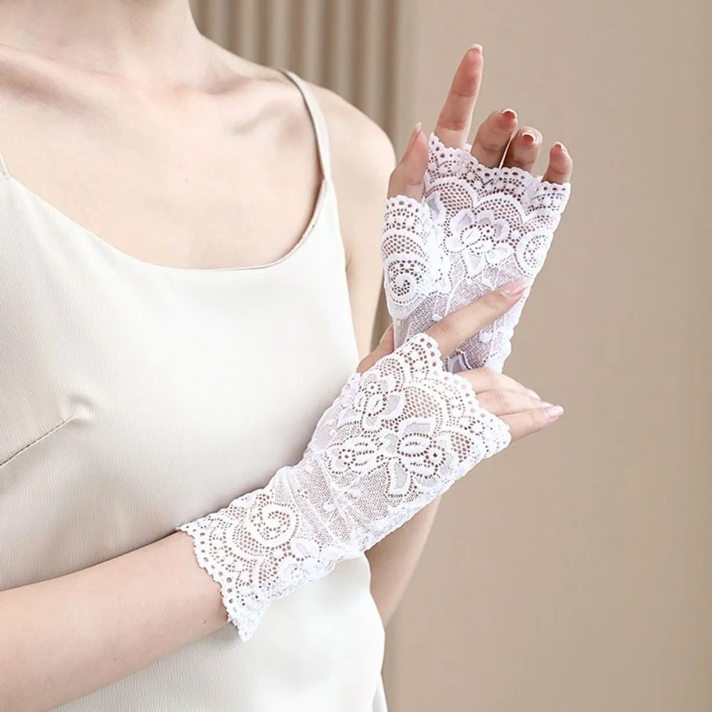 Summer Thin Half-finger Gloves Elasticity UV Protection Mesh Lace