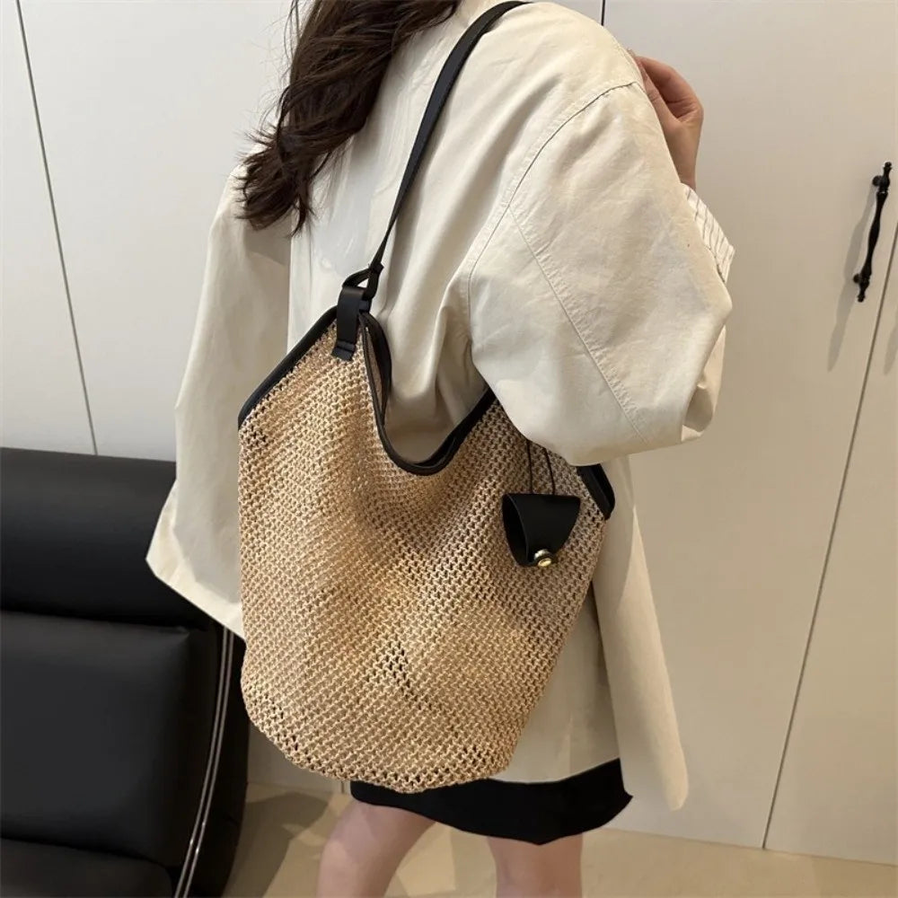 Summer Straw Woven Shoulder Bag Large Capacity Hollow Out Tote PU