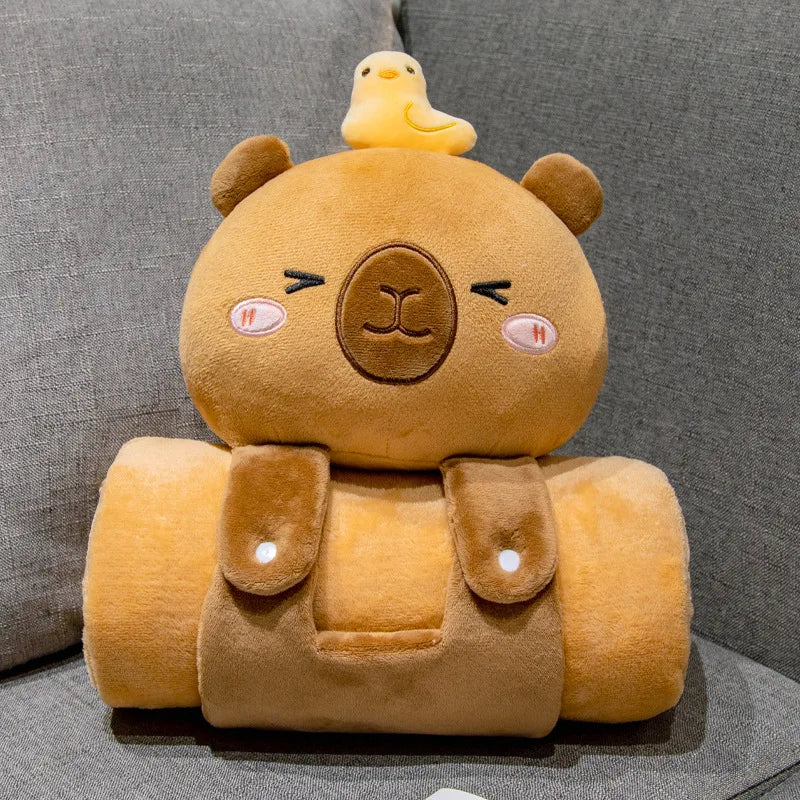 2 in 1 Capybara Panda Pillow Blanket Plush Roll,Kawaii Stuffed Pillow Warm Lap Throw for Office Nap Soft Gift for Girls Kids Vue Brown Capybara-2 80x100cm