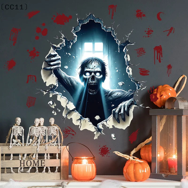 〔CC11〕Removable 3D Effect Halloween Wall-breaking Horror Zombies Climbing Window Wall Stickers Waterproof Oil-proof Stickers Vue