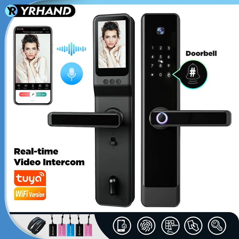 YRHAND Tuya Wifi Camera Video Intercom Lock App Remote Unlocking Digital Electronic Biometrics Waterproof With Screen Smart Lock Vue