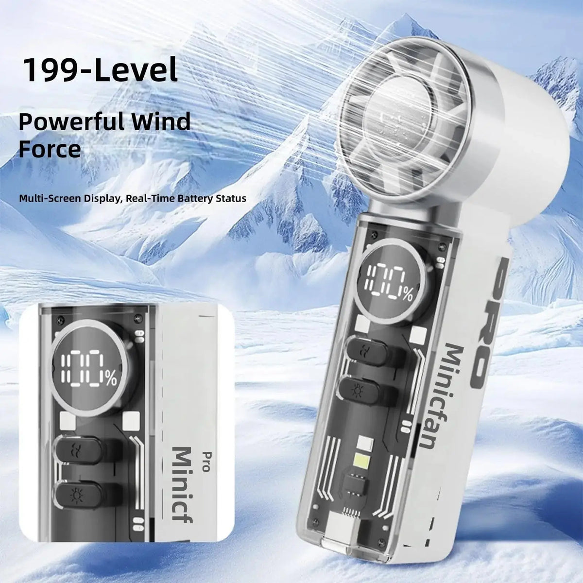 Rechargeable Portable Cooling Fan,Handheld Fan with LED Battery Display, 199 Speeds High-Speed Fan for Summer, Travel & Camping Vue