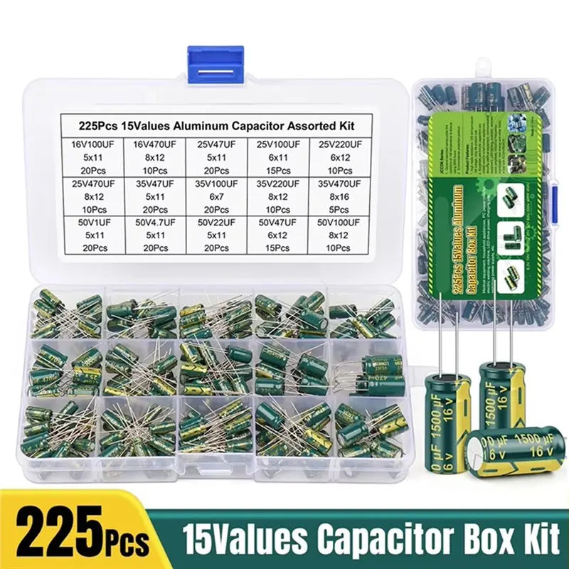 Hot-15 Values 225Pcs Aluminum Electrolytic Capacitors Kit Vue