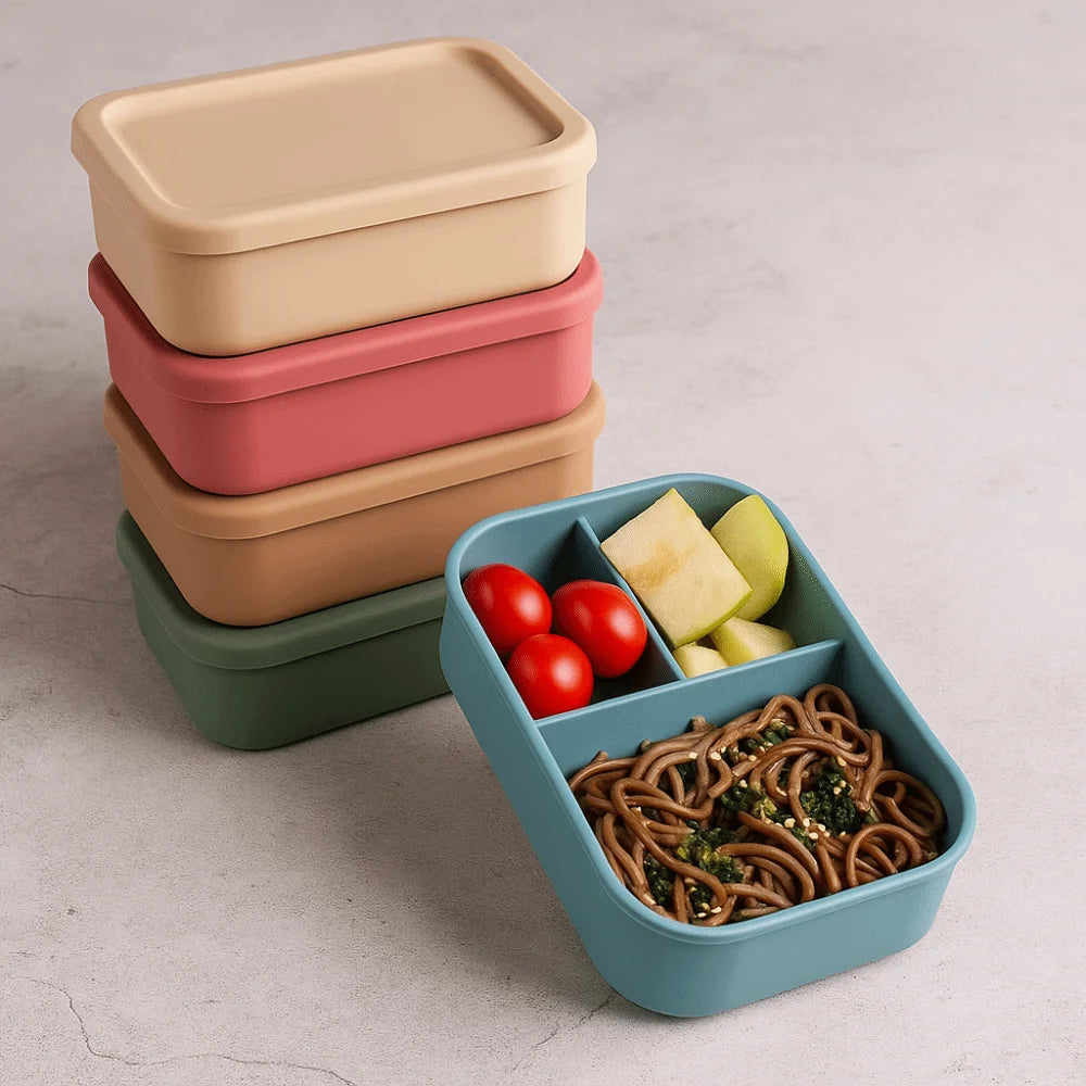 3 Compartments Silicone Lunch Box Rectangular Heat Resistant Food Container Microwavable Lunch Container School Vue