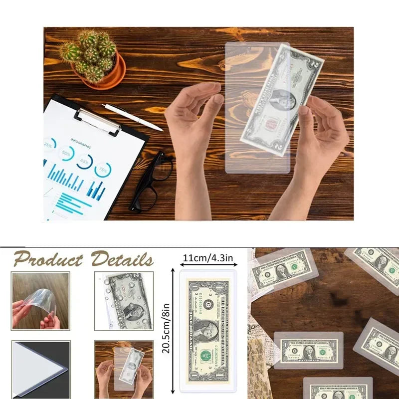 5/10Pcs Clear Hard Plastic Sleeve Clip Paper Money Notes Bills Holder 110*205MM Vue
