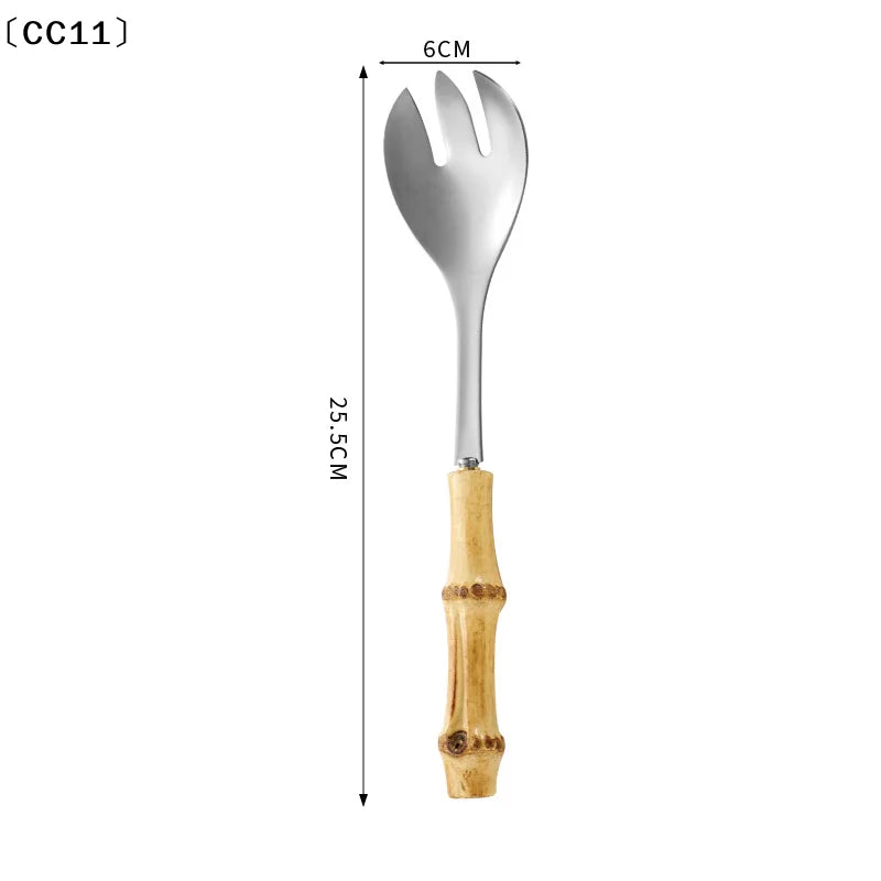 Long Handle Serving Spoon Fork Stainless Steel Gold Silver Bamboo