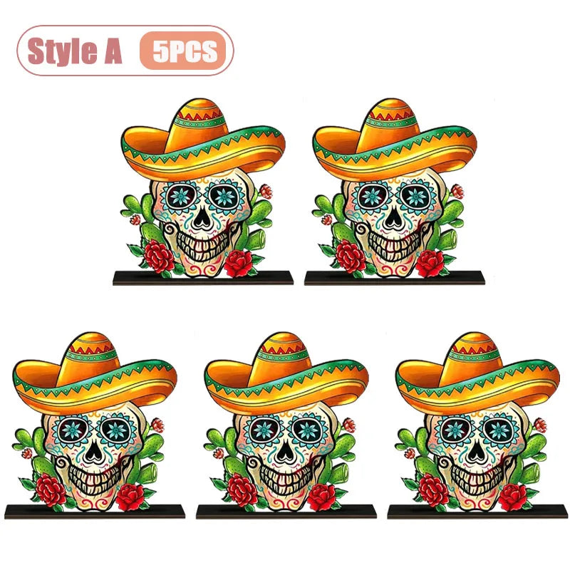 1-10PCS Day of The Dead Wooden Skull Display Tray for Mexican Carnival Halloween Party Fiesta Table Centerpiece Home Decor Vue Style A-5PCS