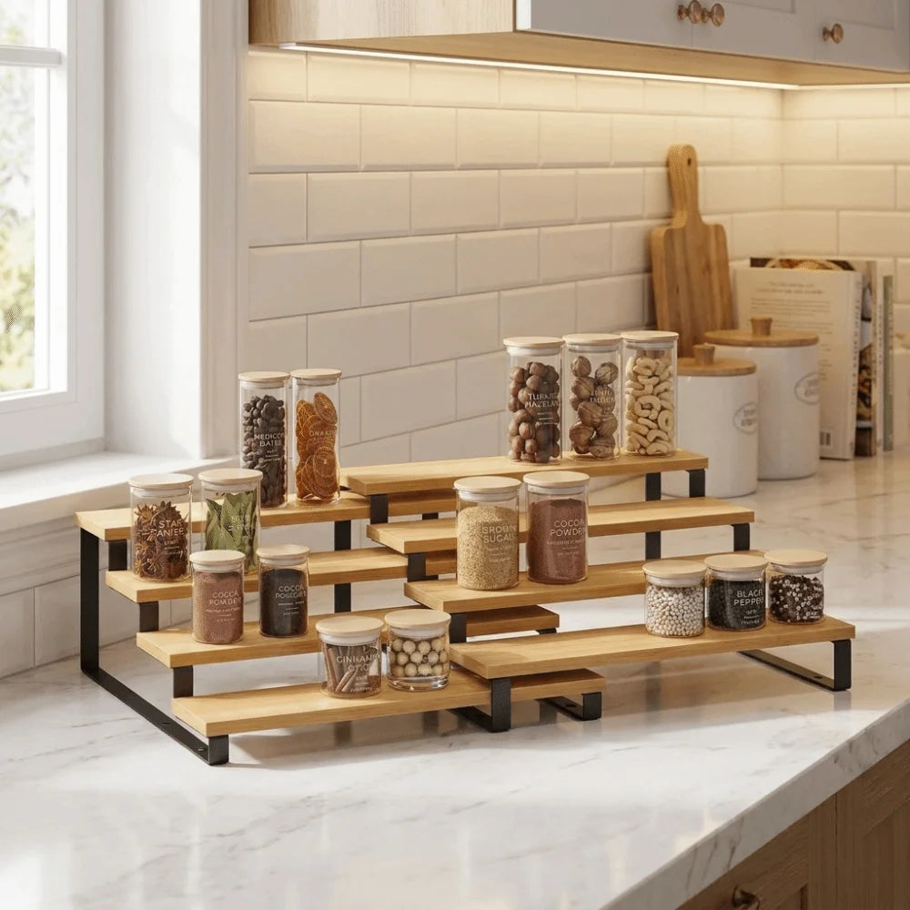 Bamboo 3 Tier Spice Rack Detachable Large Capacity Expandable Step Storage Rack Space Saving Model Display Stand For Kitchen Vue