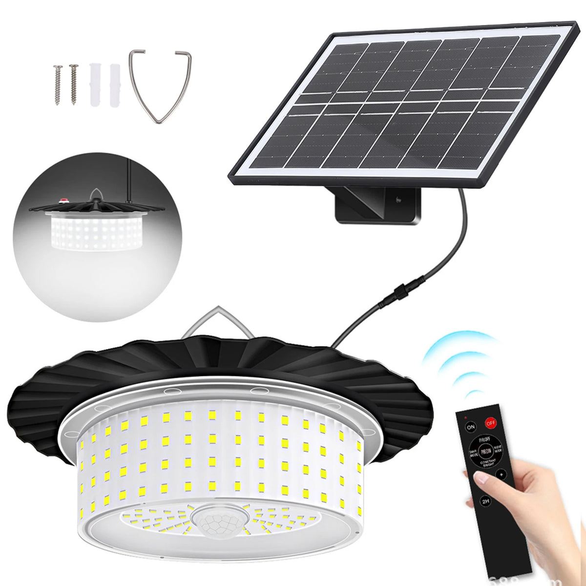 Solar Pendant Light Water Resistant LED Shed Light 5 Light Modes Motion Sensor Timer Pendant Lamp with Remote Controller for Vue WHITE