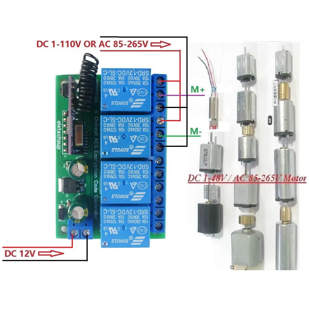 RFR2B04+RFT2D04 DC12V 4 Channel 433M AES Encryption Controller 128 Bit Remote Control Keyfob Transmitter Module for Garage Door Vue