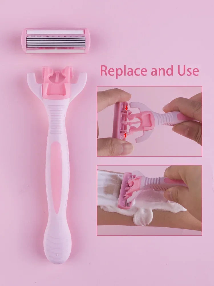 Safety Hair Removal Manual 1 Handle + 12 Blades Men Women razor 6-Layer Stainless Steel Shaving Replaceable Shaver Head Vue