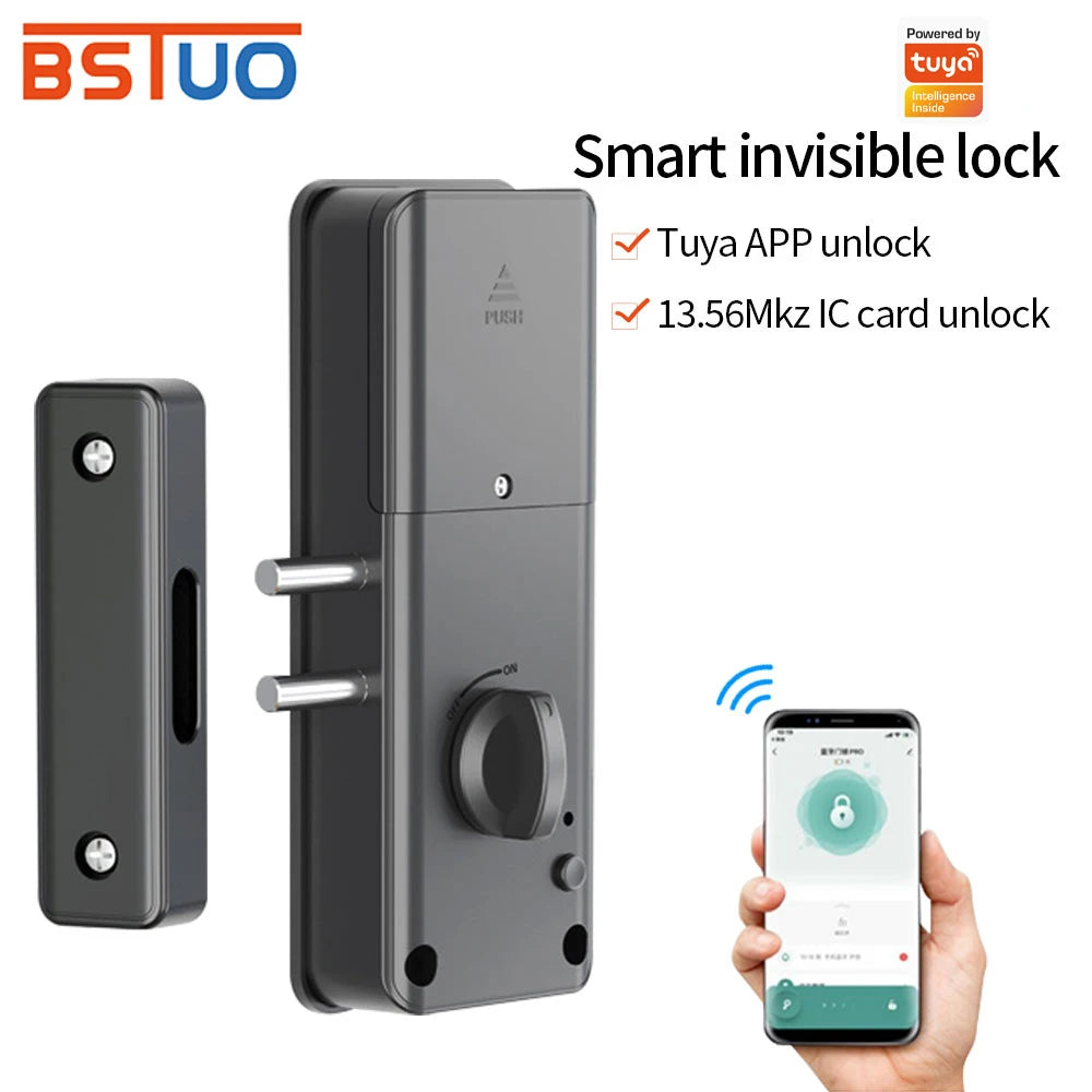 Support Tuya APP Smart Home Bluetooth Door Lock 13.56Mhz IC Card Motor Lock Keyless No Drill Hole Installation Support Gateway Vue