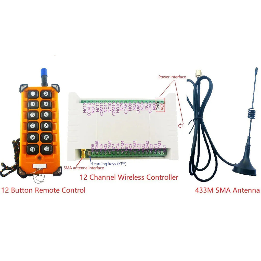 12 Key 12V/24V 433MHz+20dBm FSK Industrial grade Rolling Code Remote Control 12Ch-121dBm 8MA Wireless Controller Relay Kit Vue