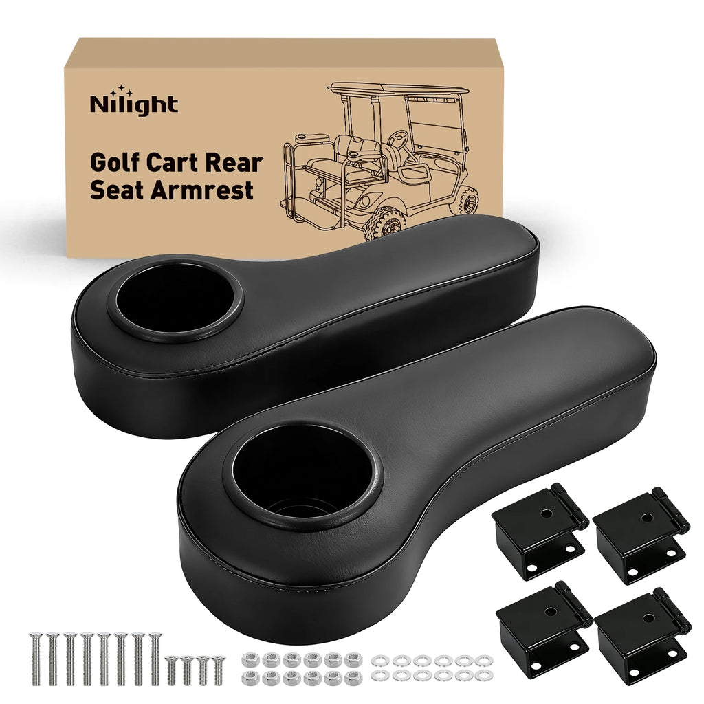 Nilight Golf Cart Armrest Black 2PCS Flip Stand Fits 1 inch Square No Drilling with Detachable Cup Holder Iron Bracket PU Leather Wooden Baseboard for EZGO Club Car Yamaha Rear Seat Vue A United States