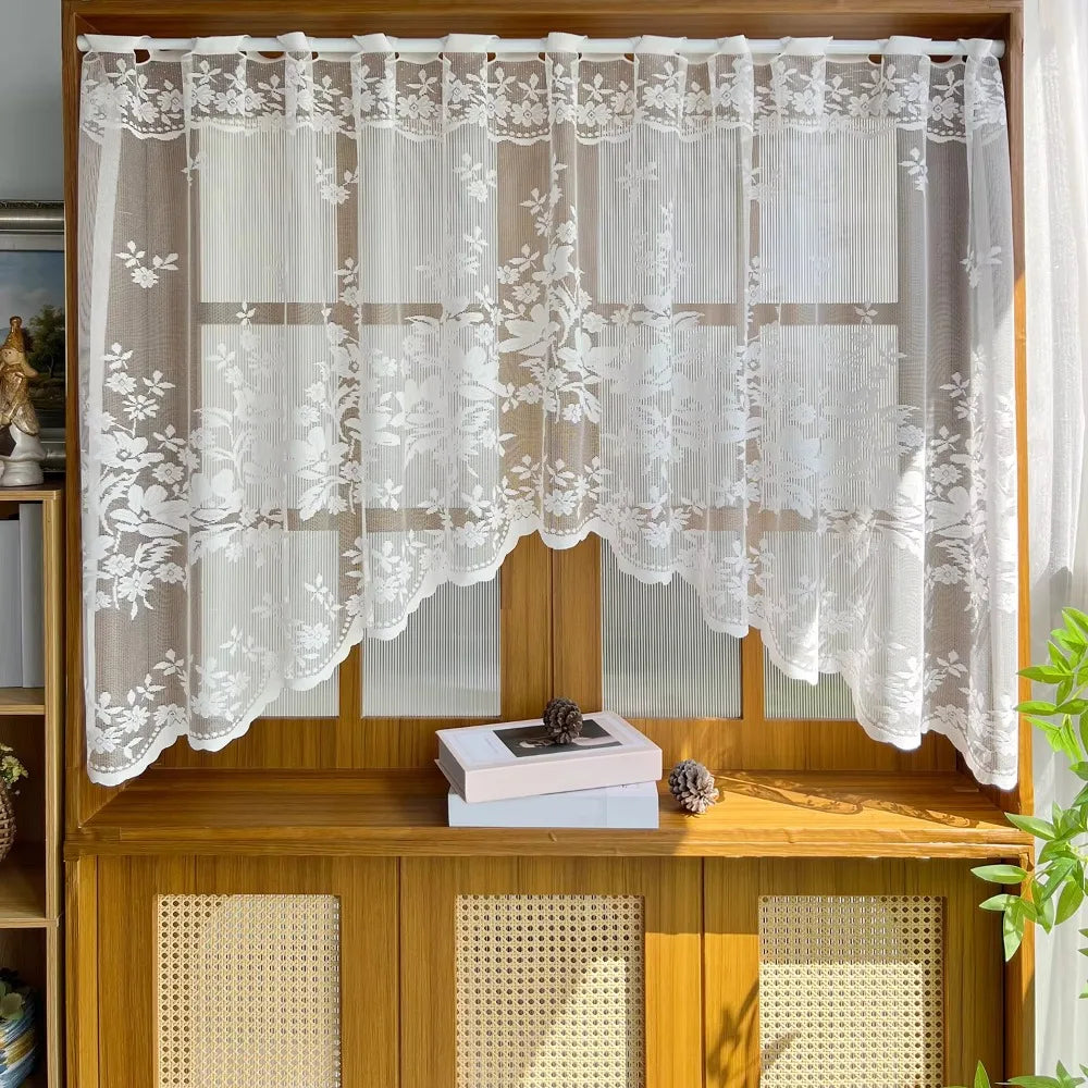 Flower Pattern French Lace Jacquard Curtain Translucent Through-rod Design Kitchen Partition Tulle No Drilling Required Vue