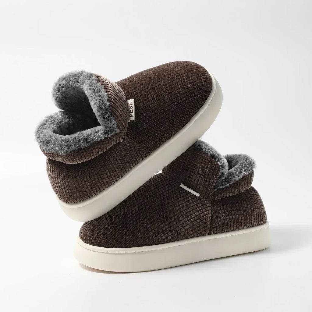 Unisex Winter Warm Cotton Slippers Thickened Anti Slip Sole Fleece Lined Closed Heel House Shoes for Indoor Bedroom Home Vue