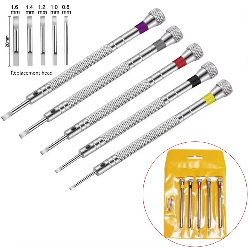 5PCS Set 0.8-1.6mm Steel Screwdriver for Watch Repairing Portable Watch Tools Band Removal with Mini Link Pins Watchmaker Tools Vue A
