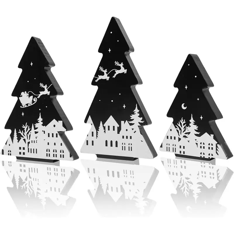 ABKW-For Christmas Tree Wooden Signs Black White 3 Pieces Xmas Tiered Tray Decor For Christmas For Home Tabletop Party Decor(Bla Vue As Shown