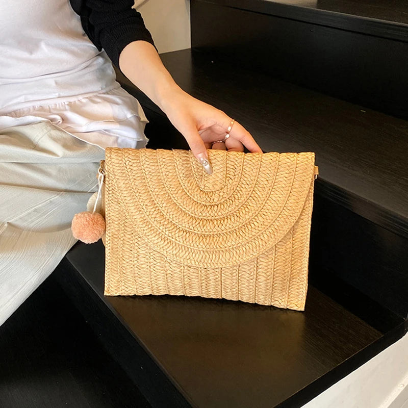 Handmade Straw Woven Beach Shoulder Crossbody Bag Women Envelope