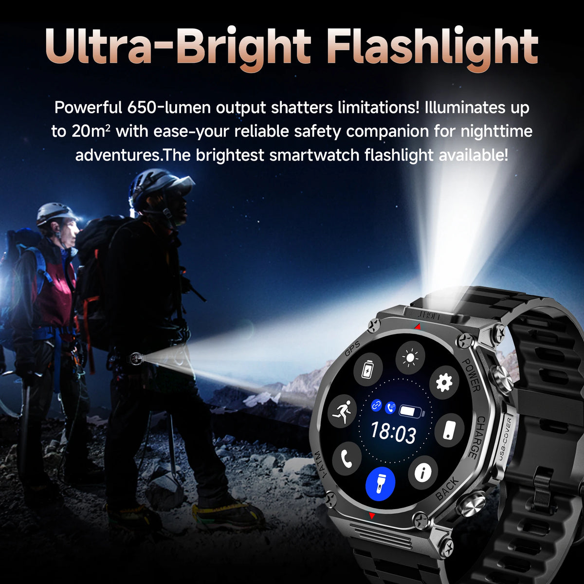 NEW Military GPS Smartwatch Android/IOS with 1.39''Screen 1200mAh Big Battery Bluetooth LED Light Wireless Call for Camping Man Vue