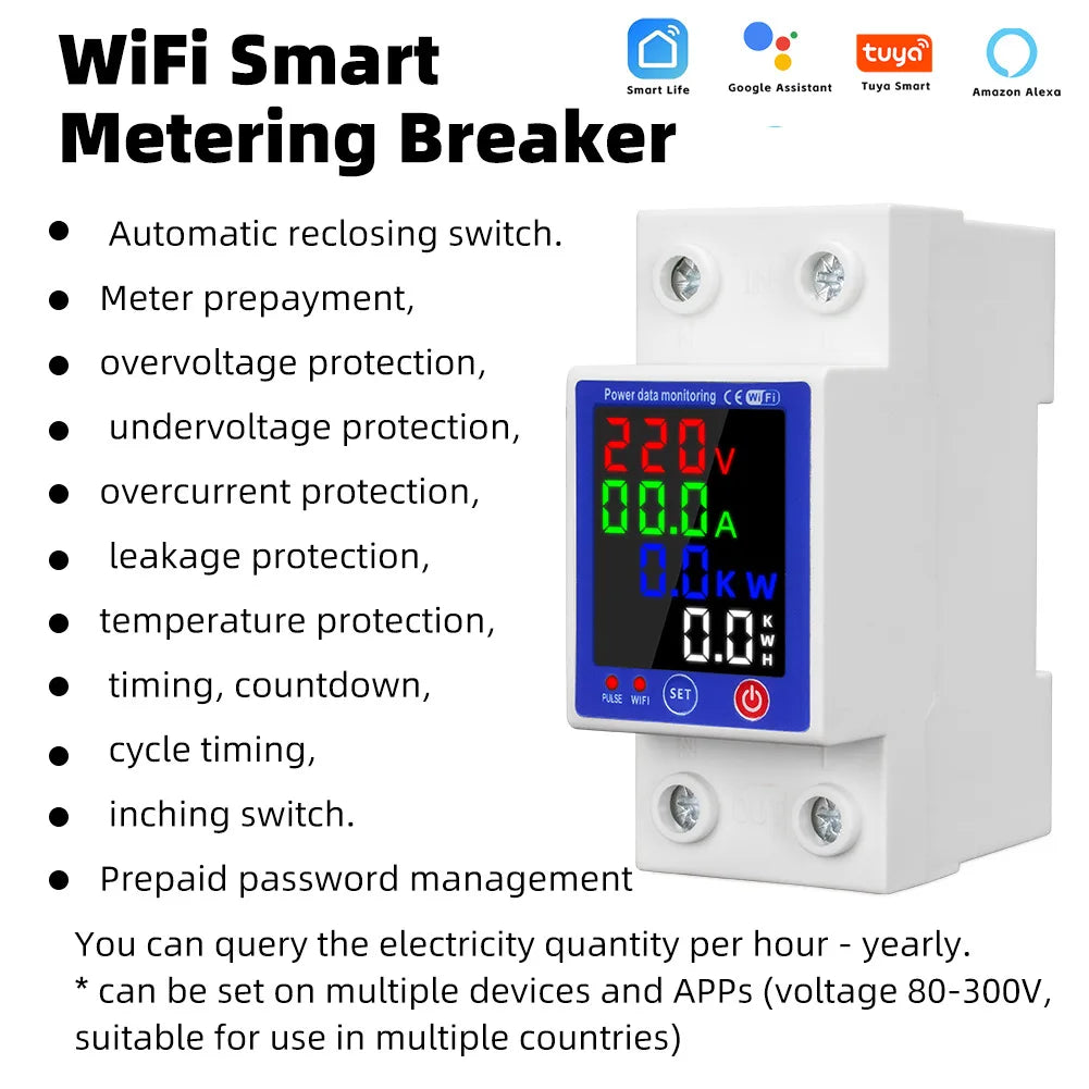 Tuya WiFi Smart Energy Meter Multifunction Leakage Protector Color Display Over Under Voltage Protector Prepaid Metering Breaker Vue Default Title