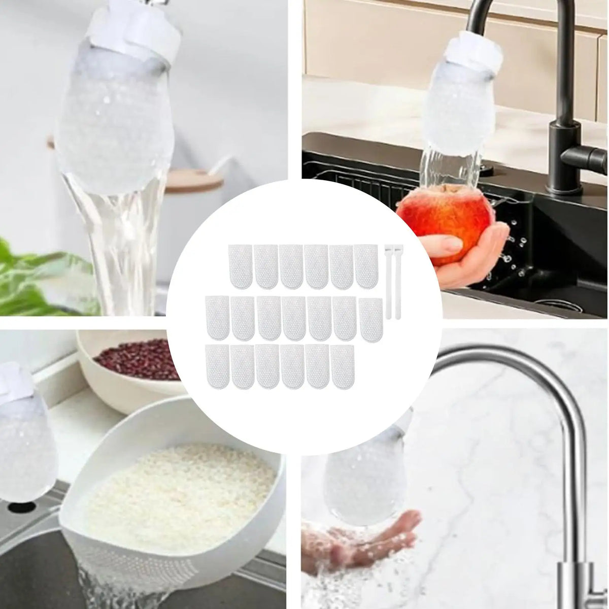 20 Pcs Universal Faucet Filter Cotton Bags, Splash-Proof Water Purifier with Straps, Kitchen Bathroom Sink Tap Strainer Pad Vue