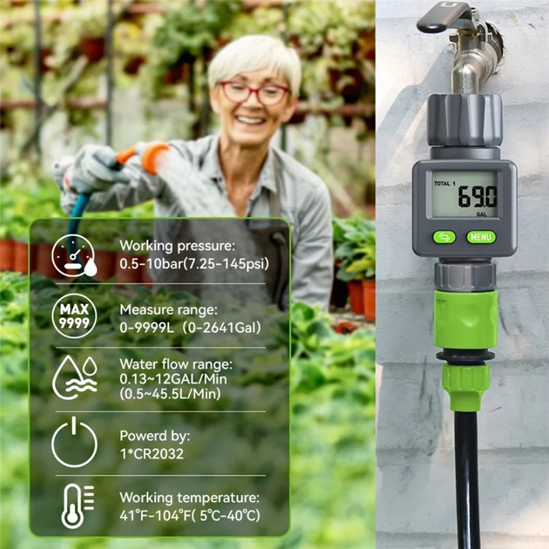 Water Flow Meter Measure Gallon/Liter Consumption&Flow Rate For Garden Hose Watering RV Water Tank Sprinklerabkw Vue As Shown