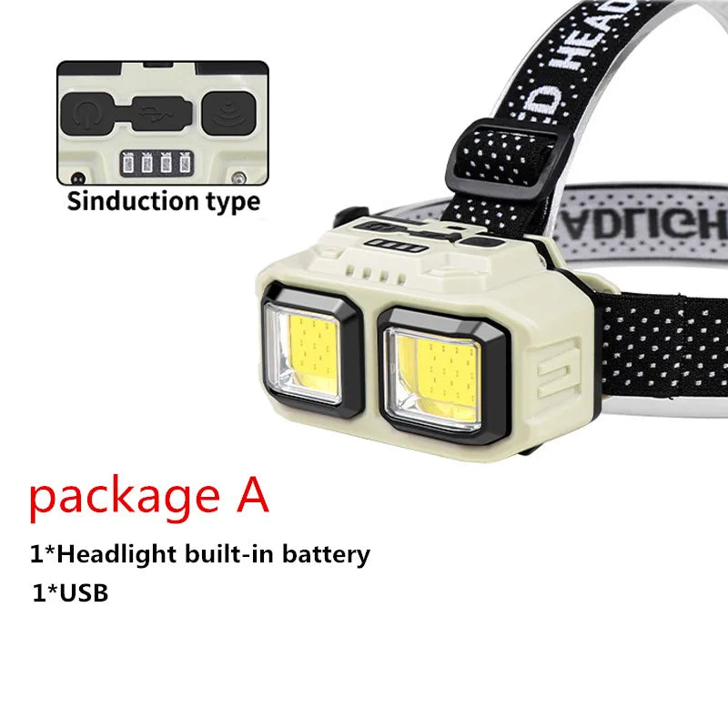 Sensor Headlamp COB LED Head Lamp Flashlight USB Rechargeable Head Torch 4 Lighting Modes Head Light with Built-in Battery Vue 025TD-packageA