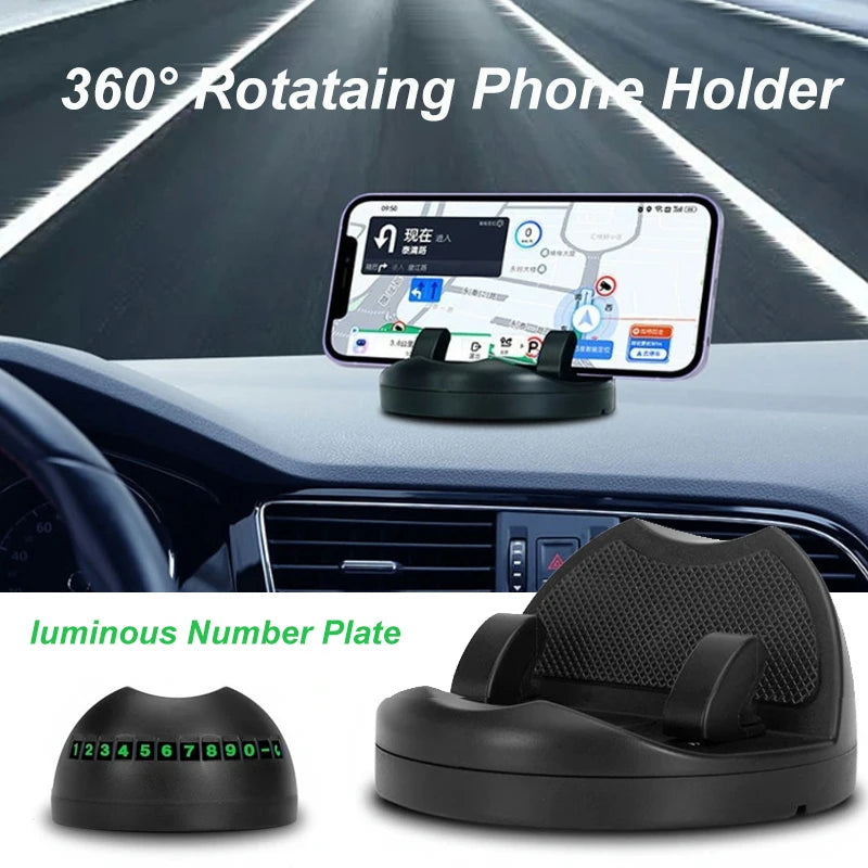360-Degree Rotation Car Phone Holder Dashboard Head-Up Phone Mount Stable Universal Auto Phone Stand with luminous Number Plate Vue black