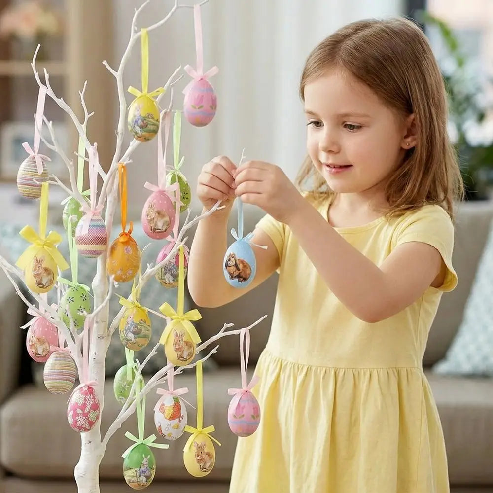 Painted Easter Eggs Hanging Pendant with Bow Rabbit Chick Flower Colorful Eggs String DIY Crafts Foam Eggs Ornaments Vue