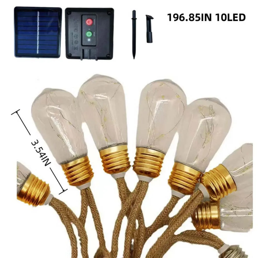 1PC 10/20LED Outdoor Garden Solar Light String, Bulb Hanging Retro Hemp Rope Light String, for Camping Courtyard Fence Garden Vue