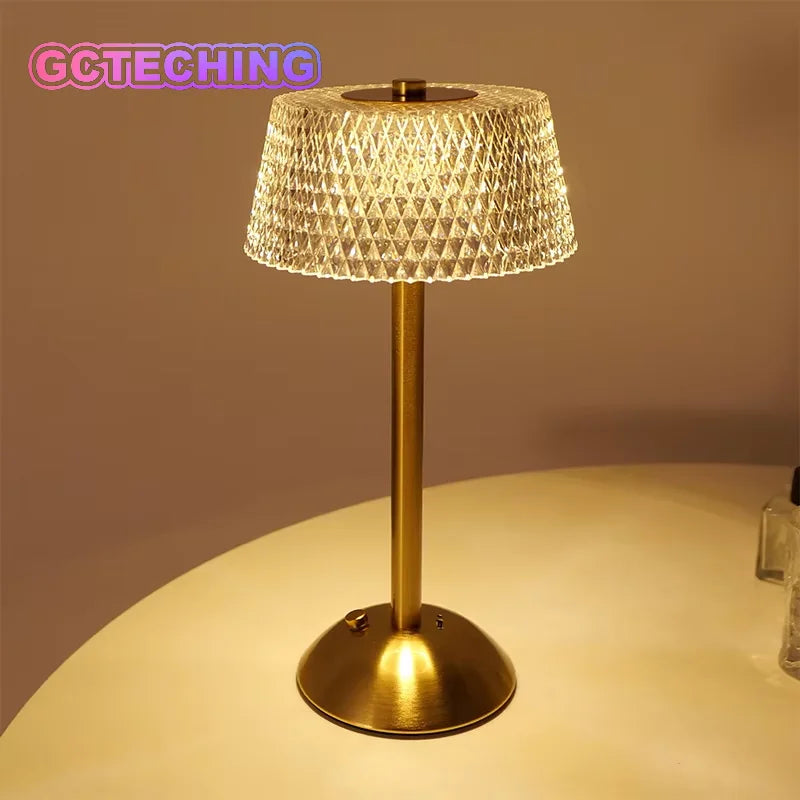 Retro Diamond Glass Table Lamp USB Rechargeable LED Bar Desk Lamp Eye Protection Night Light Bedroom Hotel Office Wedding Decor Vue