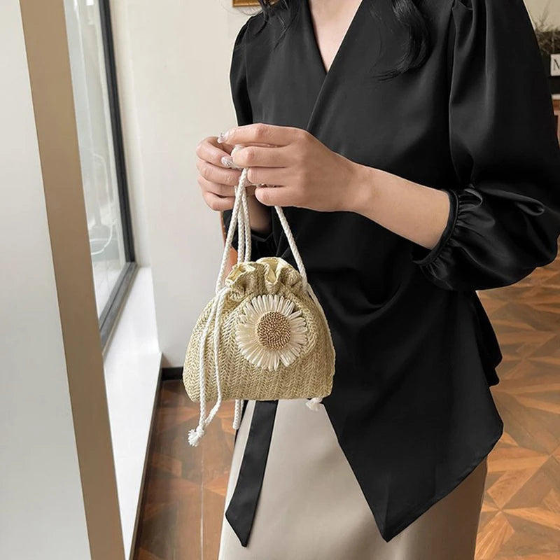 Rattan Woven Women Straw Bag Handbag Knit Flower Summer Beach