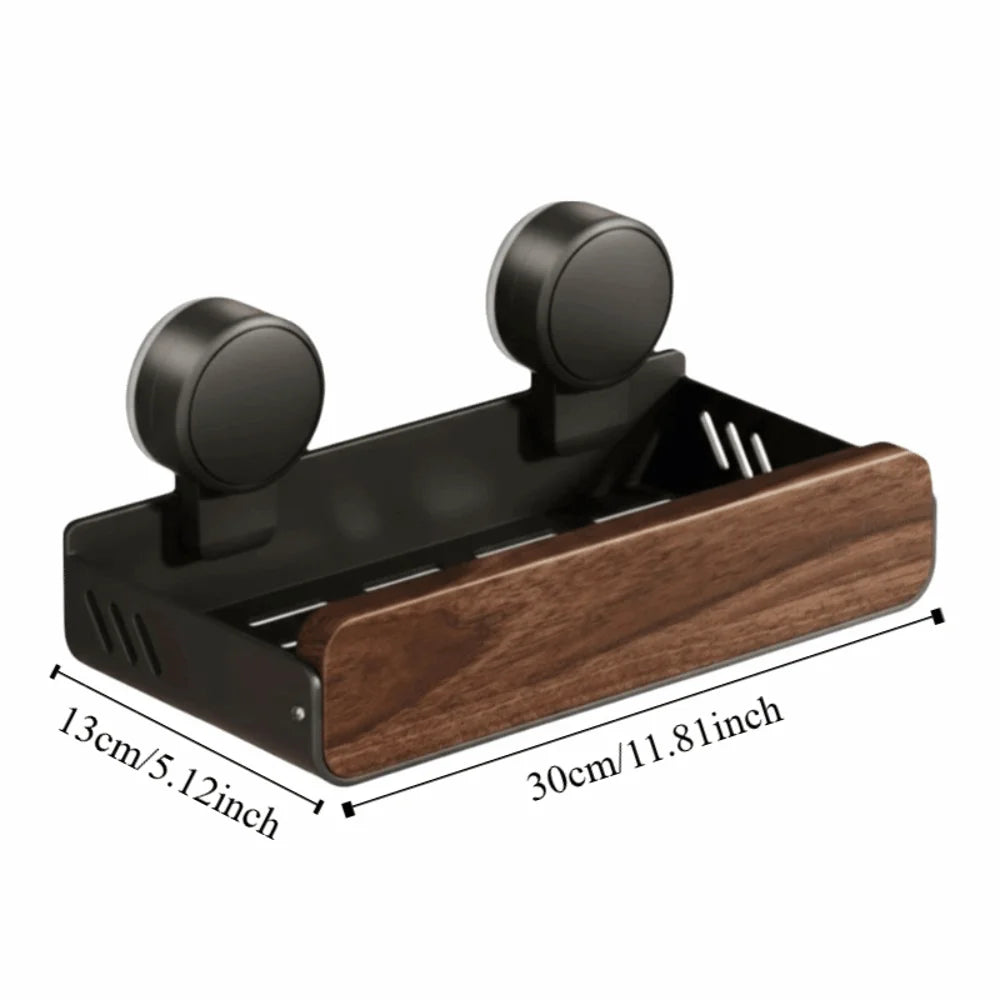 Mid-Century Modern Bathroom Shelf Walnut Finish Space Saving Bathroom Storage Rack Suction Cup Strong Grip Vue