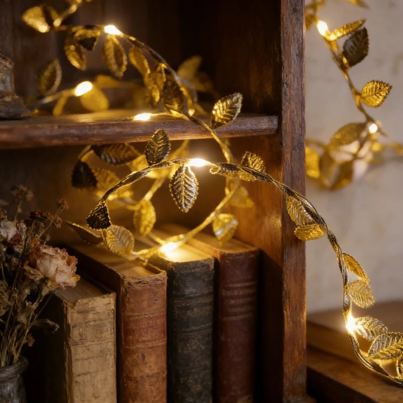 20LED Golden Tiny Leaves Copper Wire String Lights Battery Powered Fairy Lights for Home Wedding Party Christmas DIY Decoration Vue