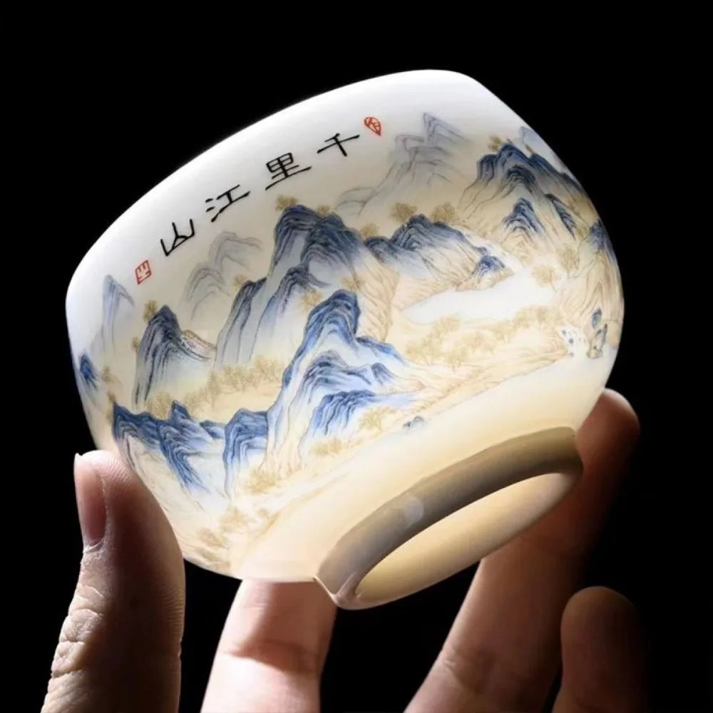 Tradition Landscape Painting Ceramic Teacup 180ml Exquisite Tea Cup Vintage White Porcelain Master Cup Zen Meditation Vue