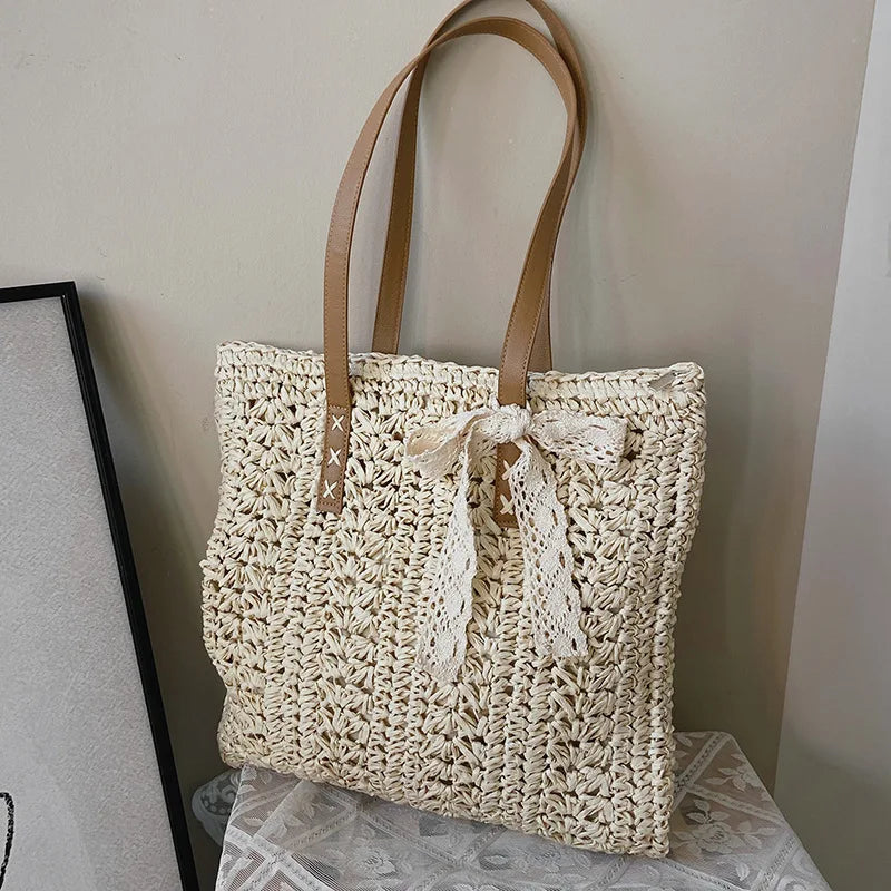 Square Hollow Straw Beach Bag Handmade Woven Shoulder Raffia Rattan Vue beige AddRibbon 38x2x30cm