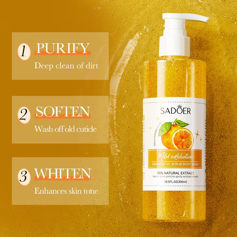 300ml Orange Body Scrub Shower Gel, a Cleansing Body Wash Containing Fresh Orange Extract, Citrate Salts, and Other Skin Care Ingredients. the Fine Scrub Particles Deeply Cleanse Skin Impurities and Dead Skin Cells, While Hyd Vue
