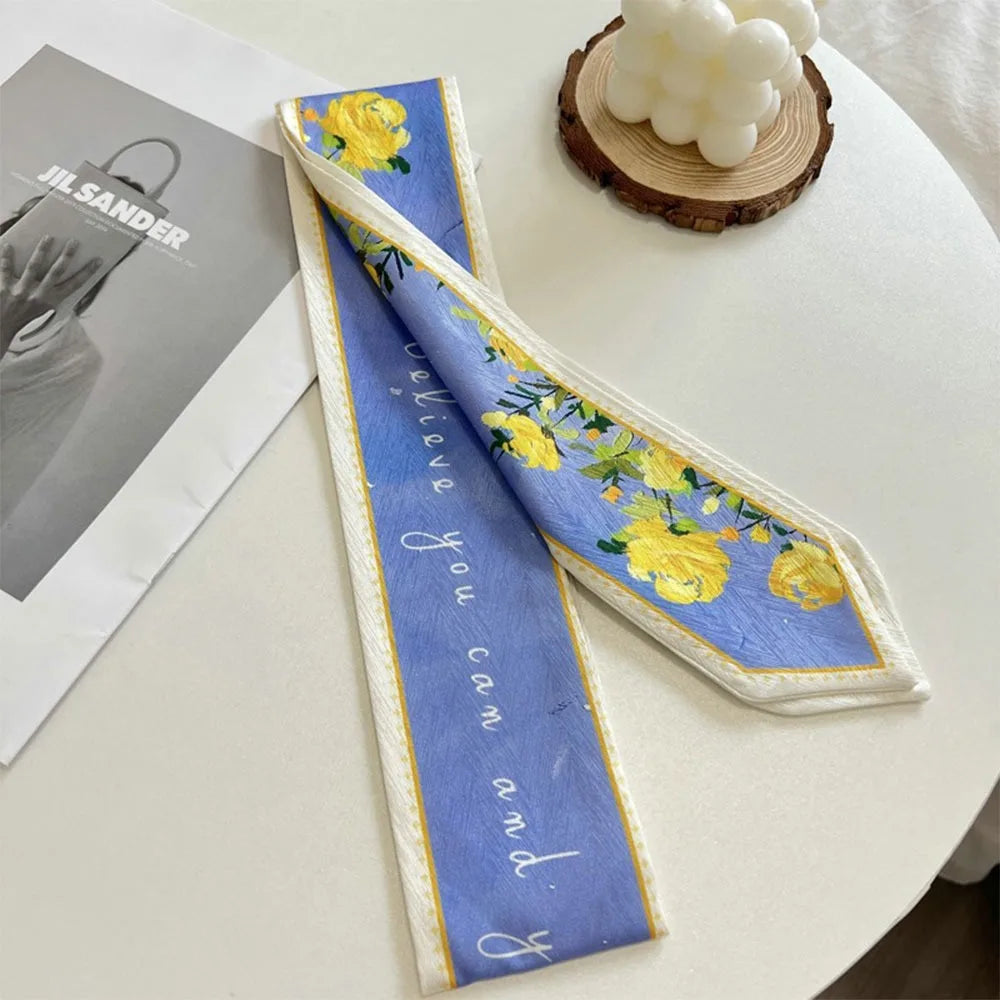Versatile Fresh Floral Satin Silk Ribbon Scarf Women Summer Long Thin Vue 15