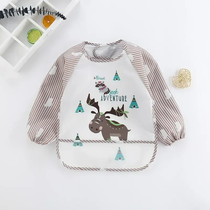 Baby Cartoon Burp Clothes Toddler Long Sleeve Art Apron 1Pcs Waterproof Eating Smock Infant Animal Smock Soft Baby Bib Vue B31 Milu Deer 0-3Years old