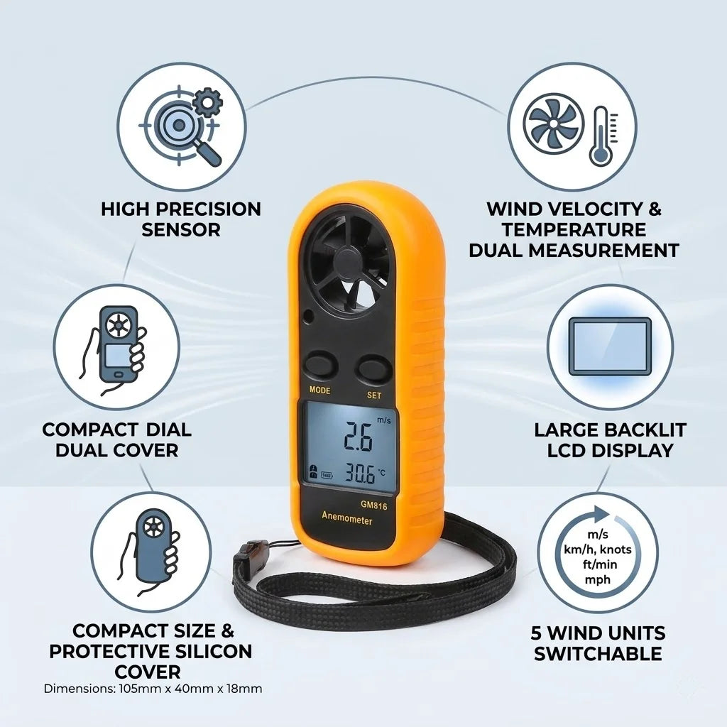 Mini Wind Speed Meter Digital Anemometer 0-30m/s Air Velocity Airflow -10°C ~ 45°C Temperature Tester with LCD Backlight Lanyard Vue